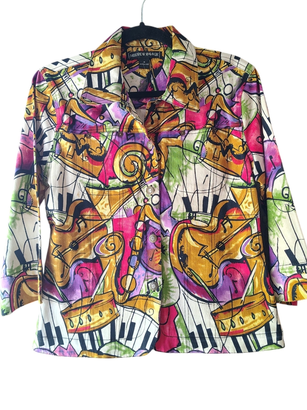 🎼 Mirror Image Music Print Jacket • Size Medium • Wearable Art Statement Piece